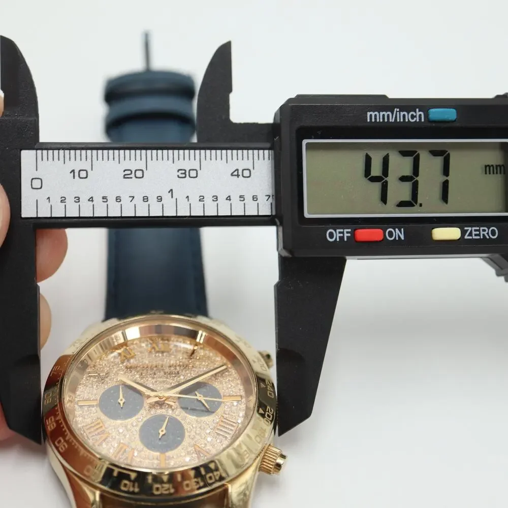 Michael Kors Layton Glitz Gold Black Chronograph 44mm Watch Blue Leather Strap